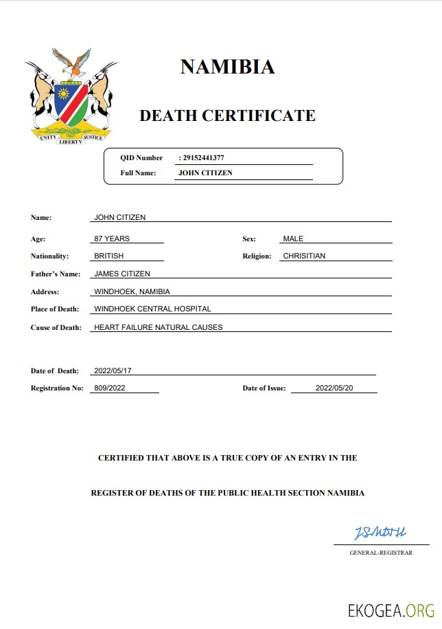 Modèle Word et PDF de certificat de décès de l'état civil de la Namibie